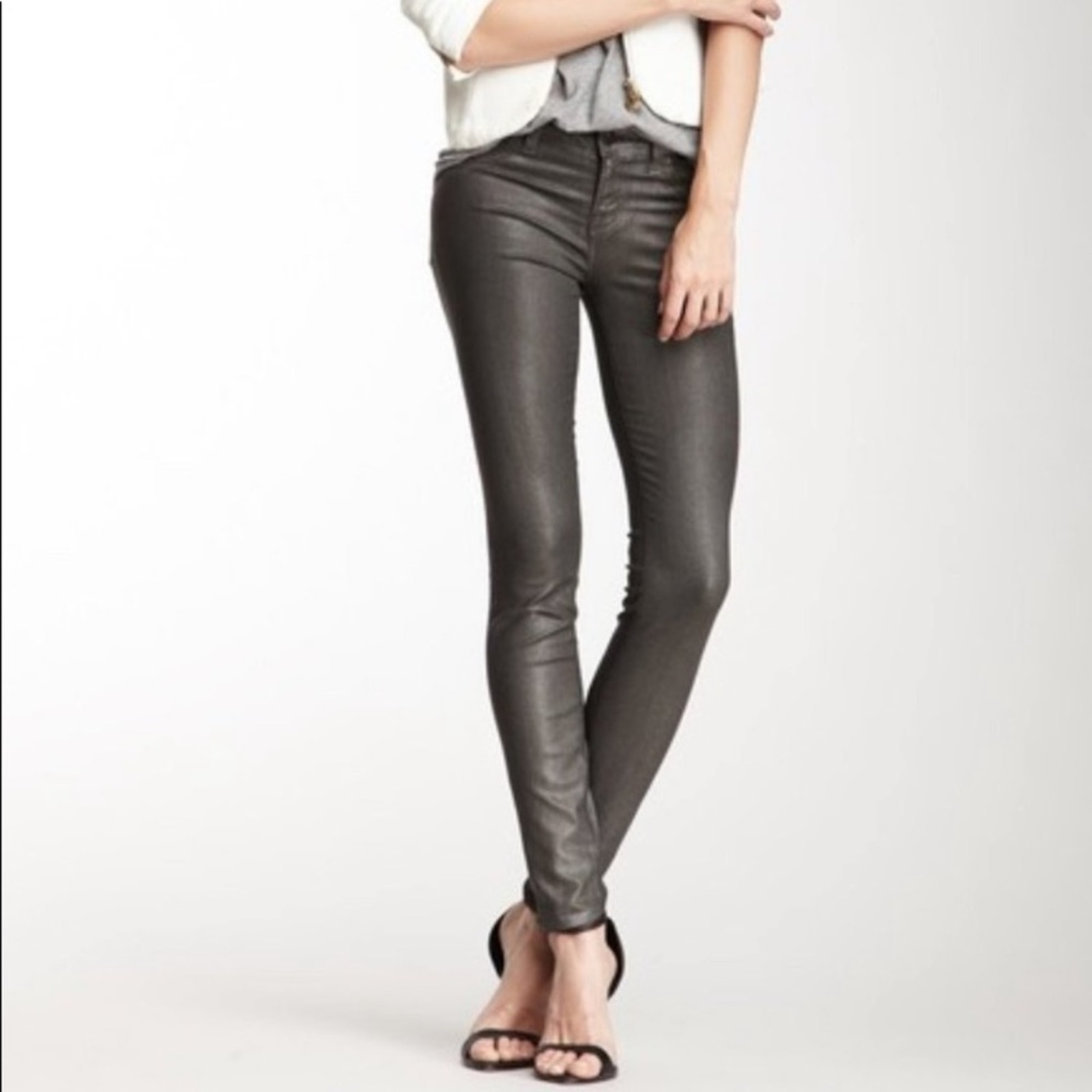 J Brand Super Skinny Coated Moonwalk Ankle Grayish Black Jeans